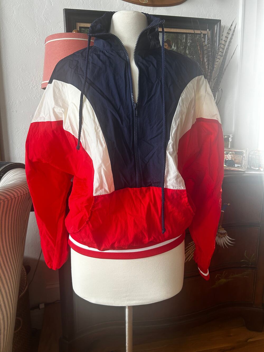FAVLUX Vintage Retro Colorblock Windbreaker Jacket Red White Navy Large